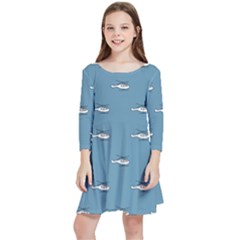 Cartoon Sketchy Helicopter Drawing Motif Pattern Kids  Quarter Sleeve Skater Dress by dflcprintsclothing