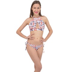 Folk Flowers Print Floral Pattern Ethnic Art Cross Front Halter Bikini Set by Eskimos