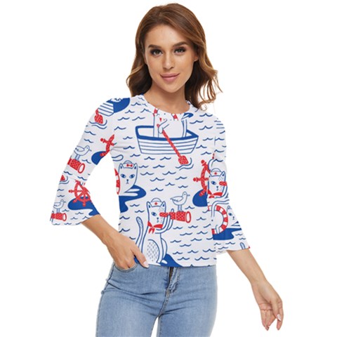 Nautical Cats Seamless Pattern Bell Sleeve Top by Jancukart