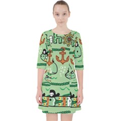 Seamless Pattern Fishes Pirates Cartoon Quarter Sleeve Pocket Dress by Jancukart