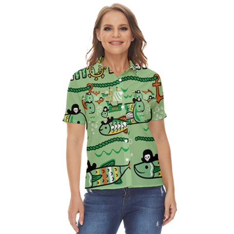 Seamless Pattern Fishes Pirates Cartoon Women s Short Sleeve Double Pocket Shirt by Jancukart