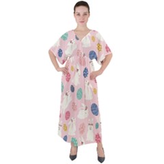 Cute Bunnies Easter Eggs Seamless Pattern V-neck Boho Style Maxi Dress by Jancukart