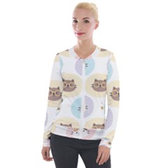 Cute Cat Seamless Pattern Background Velvet Zip Up Jacket by Jancukart