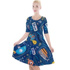 Seamless-pattern-vector-submarine-with-sea-animals-cartoon Quarter Sleeve A-line Dress by Jancukart