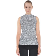 Black And White Hello Text Motif Random Pattern Mock Neck Shell Top by dflcprintsclothing