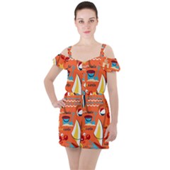 Seamless-pattern-vector-beach-holiday-theme-set Ruffle Cut Out Chiffon Playsuit by Jancukart