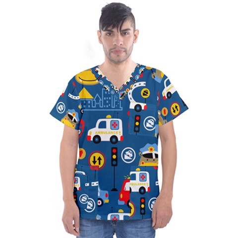 Seamless-pattern-vector-rescue-team-cartoon Men s V-neck Scrub Top by Jancukart