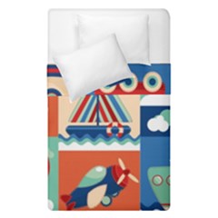 Toy-transport-cartoon-seamless-pattern-with-airplane-aerostat-sail-yacht-vector-illustration Duvet Cover Double Side (single Size) by Jancukart