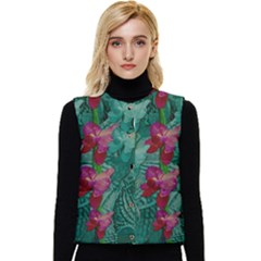 Rare Excotic Forest Of Wild Orchids Vines Blooming In The Calm Women s Short Button Up Puffer Vest by pepitasart