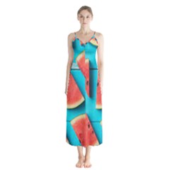 Watermelon Blue Background Button Up Chiffon Maxi Dress by artworkshop