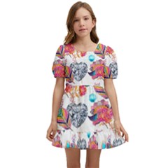 Flowers Diamonds Pattern Kids  Short Sleeve Dolly Dress by Sparkle