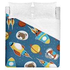 Seamless-pattern-vector-with-spacecraft-funny-animals-astronaut Duvet Cover (queen Size) by Jancukart