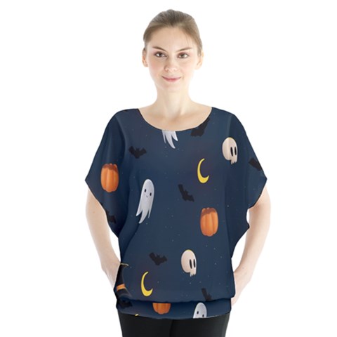 Halloween Ghost Pumpkin Bat Skull Batwing Chiffon Blouse by artworkshop