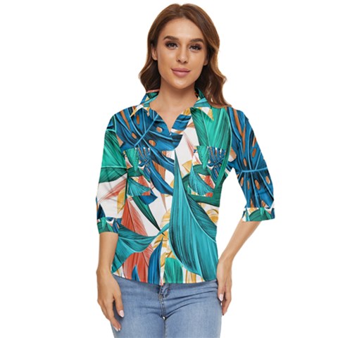 Leaves Tropical Exotic Women s Quarter Sleeve Pocket Shirt by artworkshop