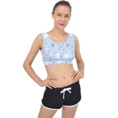 Duck-flower-seamless-pattern-background V-back Sports Bra by Jancukart