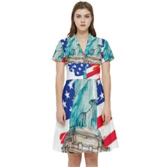 Statue Of Liberty Independence Day Poster Art Short Sleeve Waist Detail Dress by Jancukart