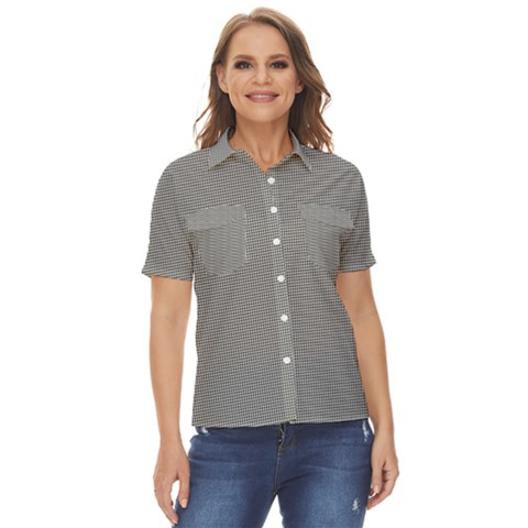 Small Soot Black And White Handpainted Houndstooth Check Watercolor Pattern Women s Short Sleeve Double Pocket Shirt by PodArtist