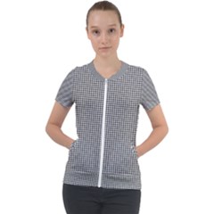 Soot Black And White Handpainted Houndstooth Check Watercolor Pattern Short Sleeve Zip Up Jacket by PodArtist