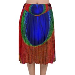 Red Peacock Plumage Fearher Bird Pattern Velvet Flared Midi Skirt by Wegoenart