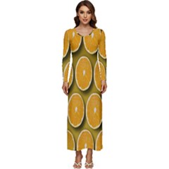 Orange Slices Cross Sections Pattern Long Sleeve Velour Longline Maxi Dress by artworkshop