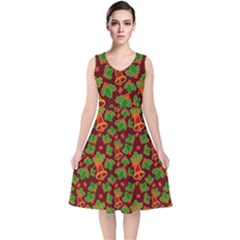 Illustration Christmas Xmas Pattern V-neck Midi Sleeveless Dress  by Wegoenart