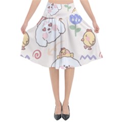 Chicken Dog Flower Sun Pattern Flared Midi Skirt by Sudhe