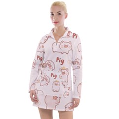 Pig Cartoon Background Pattern Women s Long Sleeve Casual Dress by Sudhe