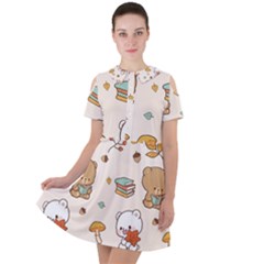Illustration Bear Cartoon Background Pattern Short Sleeve Shoulder Cut Out Dress  by Sudhe