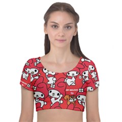 Rabbit Background Cartoon Velvet Short Sleeve Crop Top  by Sudhe