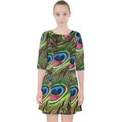 Peacock Feathers Color Plumage Quarter Sleeve Pocket Dress by Celenk