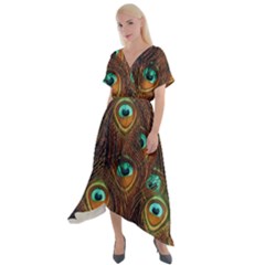 Peacock Feathers Cross Front Sharkbite Hem Maxi Dress by Ravend