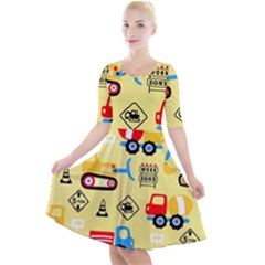 Seamless Pattern Vector Industrial Vehicle Cartoon Quarter Sleeve A-line Dress by Jancukart