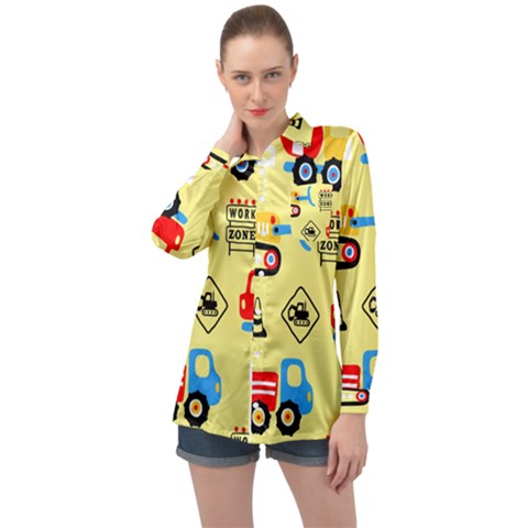 Seamless Pattern Vector Industrial Vehicle Cartoon Long Sleeve Satin Shirt by Jancukart