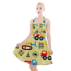 Seamless Pattern Vector Industrial Vehicle Cartoon Halter Party Swing Dress  by Jancukart