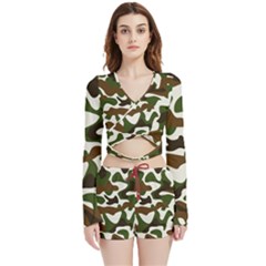 Camouflage Print Pattern Velvet Wrap Crop Top And Shorts Set by Ravend