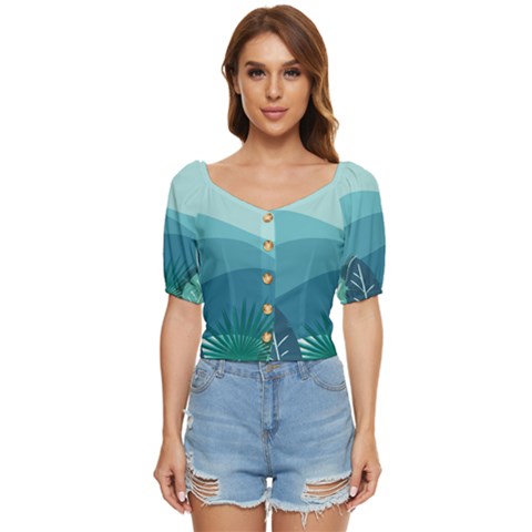 Palm Leaves Waves Mountains Hills Button Up Blouse by Ravend