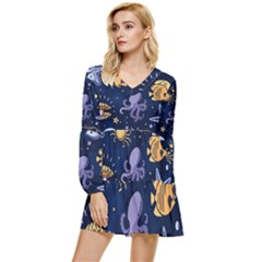 Marine-seamless-pattern-thin-line-memphis-style Tiered Long Sleeve Mini Dress by BangZart