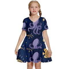 Marine-seamless-pattern-thin-line-memphis-style Kids  Short Sleeve Tiered Mini Dress by BangZart