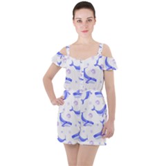Whale Fish Sea Pattern Mammal Ocean Ruffle Cut Out Chiffon Playsuit by Ravend