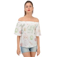 Cats And Food Doodle Seamless Pattern Off Shoulder Short Sleeve Top by danenraven