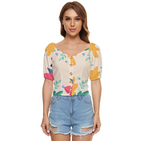 Border Leaves Design Frame Button Up Blouse by Ravend