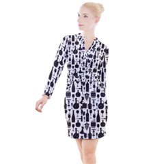 Wine Pattern Black White Button Long Sleeve Dress by Jancukart