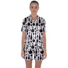 Wine Pattern Black White Satin Short Sleeve Pajamas Set by Jancukart