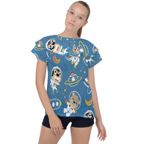 Seamless-pattern-funny-astronaut-outer-space-transportation Ruffle Collar Chiffon Blouse by Jancukart