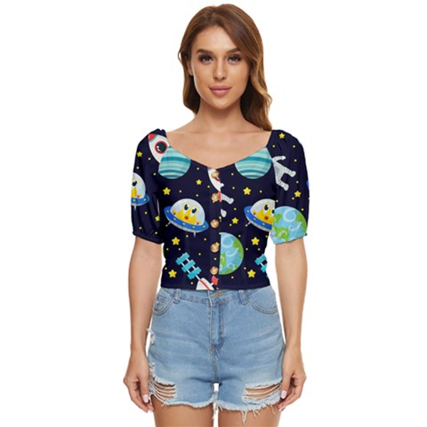 Space Seamless Pattern Button Up Blouse by Wegoenart