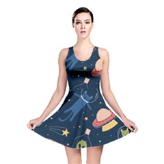Seamless Pattern With Funny Alien Cat Galaxy Reversible Skater Dress by Wegoenart