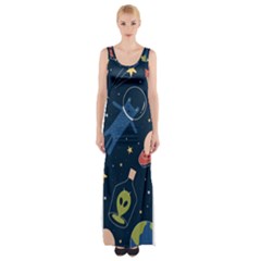 Seamless Pattern With Funny Alien Cat Galaxy Thigh Split Maxi Dress by Wegoenart