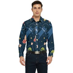 Seamless Pattern With Funny Alien Cat Galaxy Men s Long Sleeve  Shirt by Wegoenart