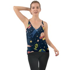 Seamless Pattern With Funny Alien Cat Galaxy Chiffon Cami by Wegoenart
