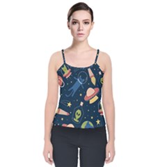 Seamless Pattern With Funny Alien Cat Galaxy Velvet Spaghetti Strap Top by Wegoenart